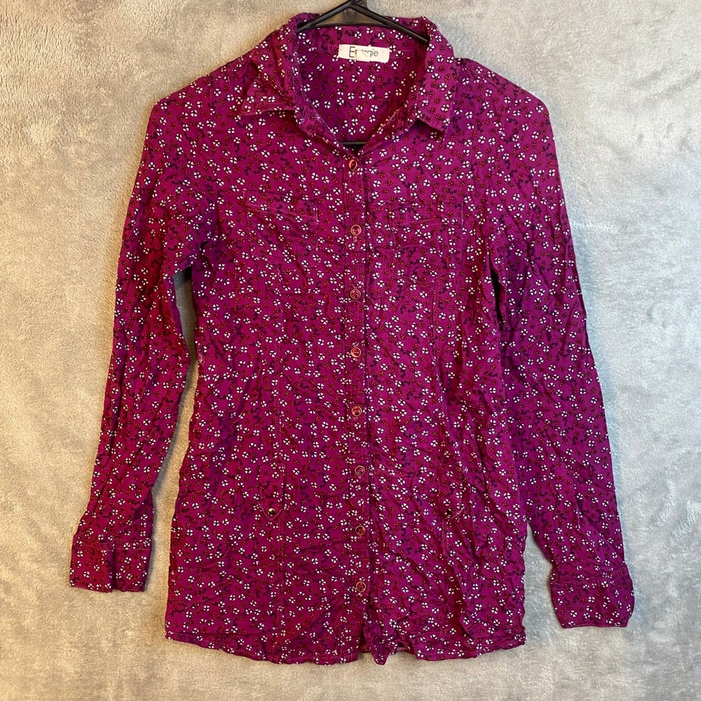 Energie Button Down Shirt Womens S Floral Purple Long Sleeve Rayon EUC